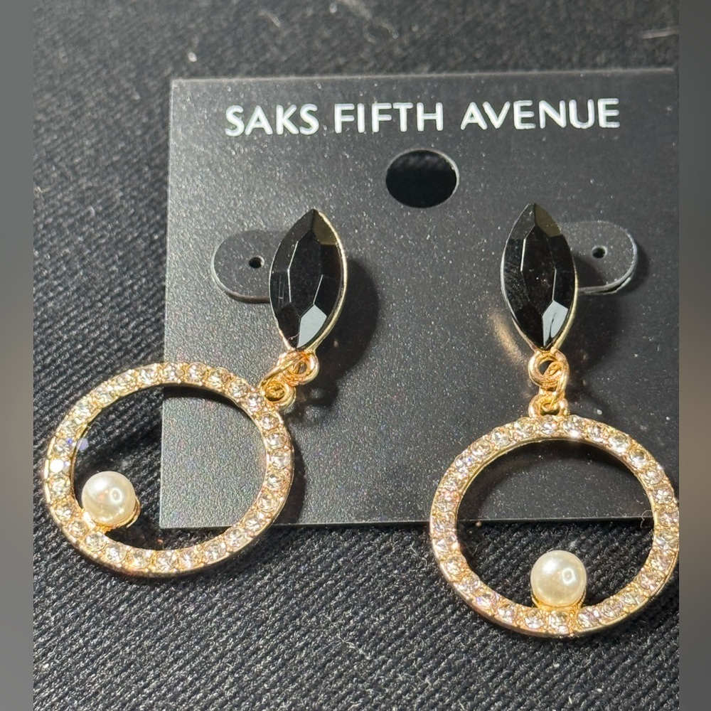 Saks Fifth Ave Black Marquis Crystal Post With Drop Pave Crystal w/ Faux Pearl